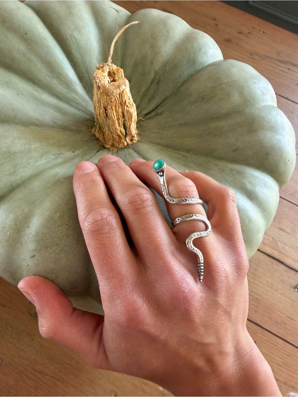 Silver Snake Wrap Ring with Green Stone - Women's Jewelry